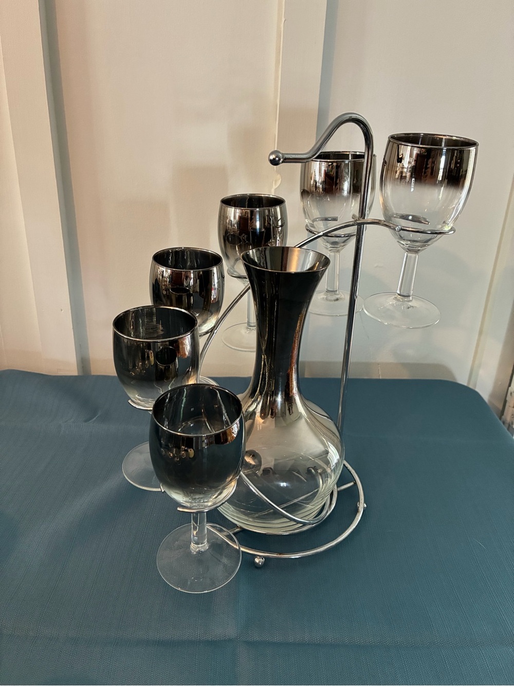 Elegant MCM Silver-Fade Glass Decanter Barware Set with Stand